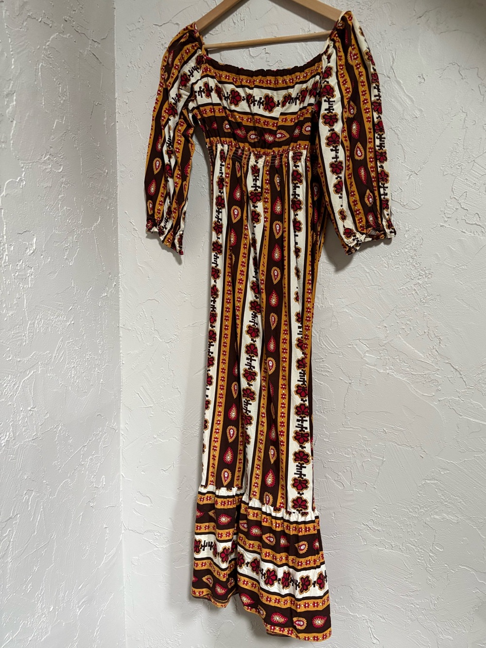Vintage prairie style Maxi Dress in Brown, White, Mustard and red